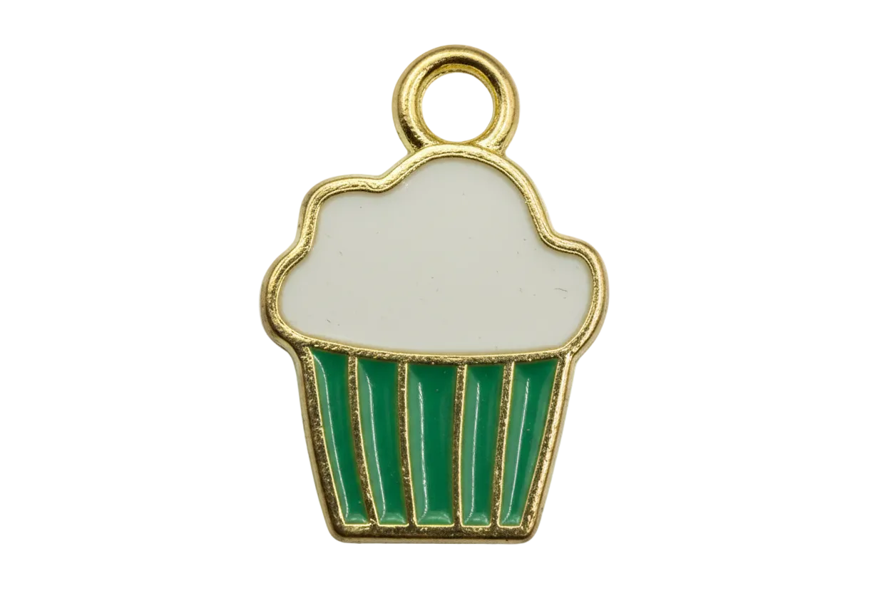 Mint green and white cupcake charm with gold outline and glossy enamel finish