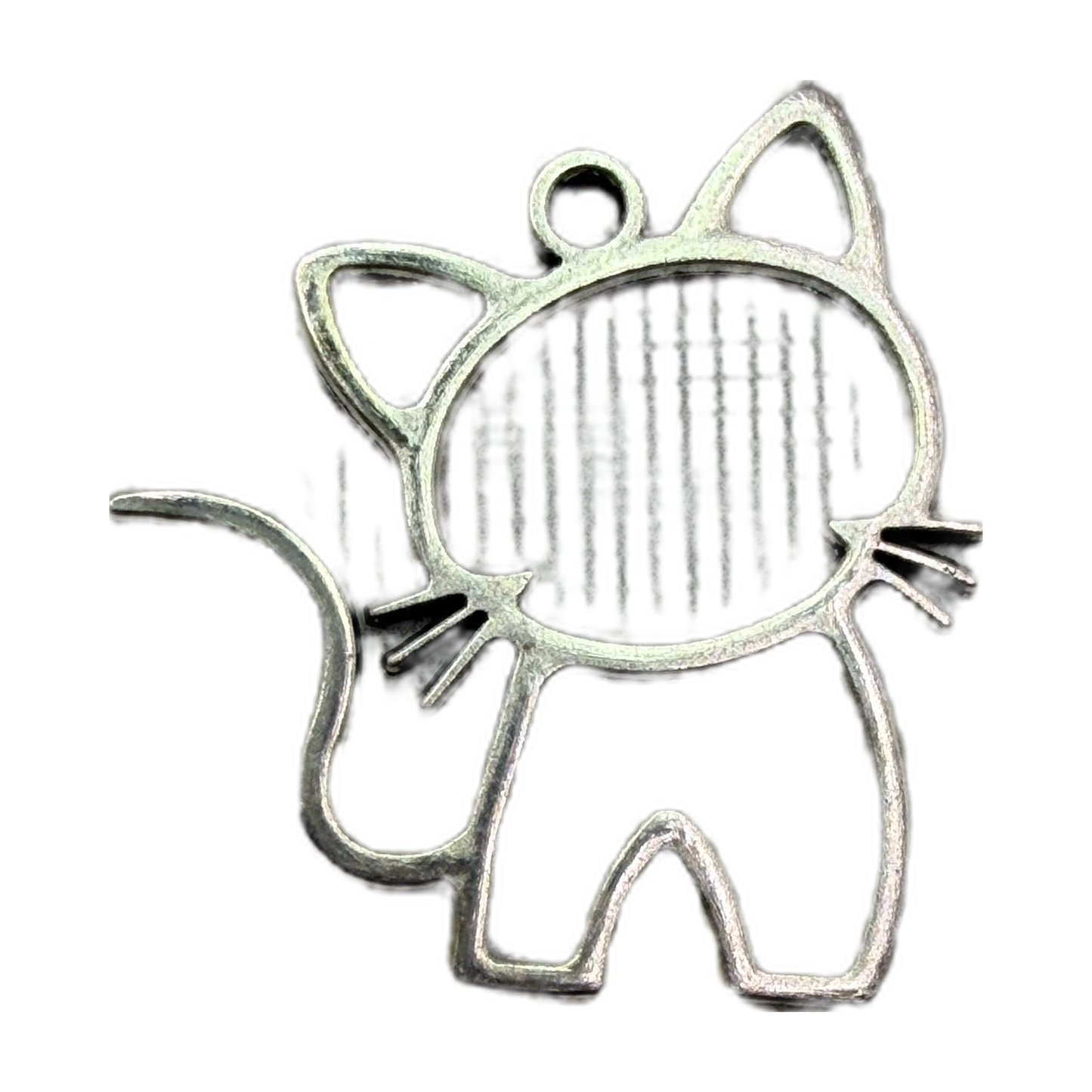 Antiqued silver cat outline silhouette with tail and whisker details