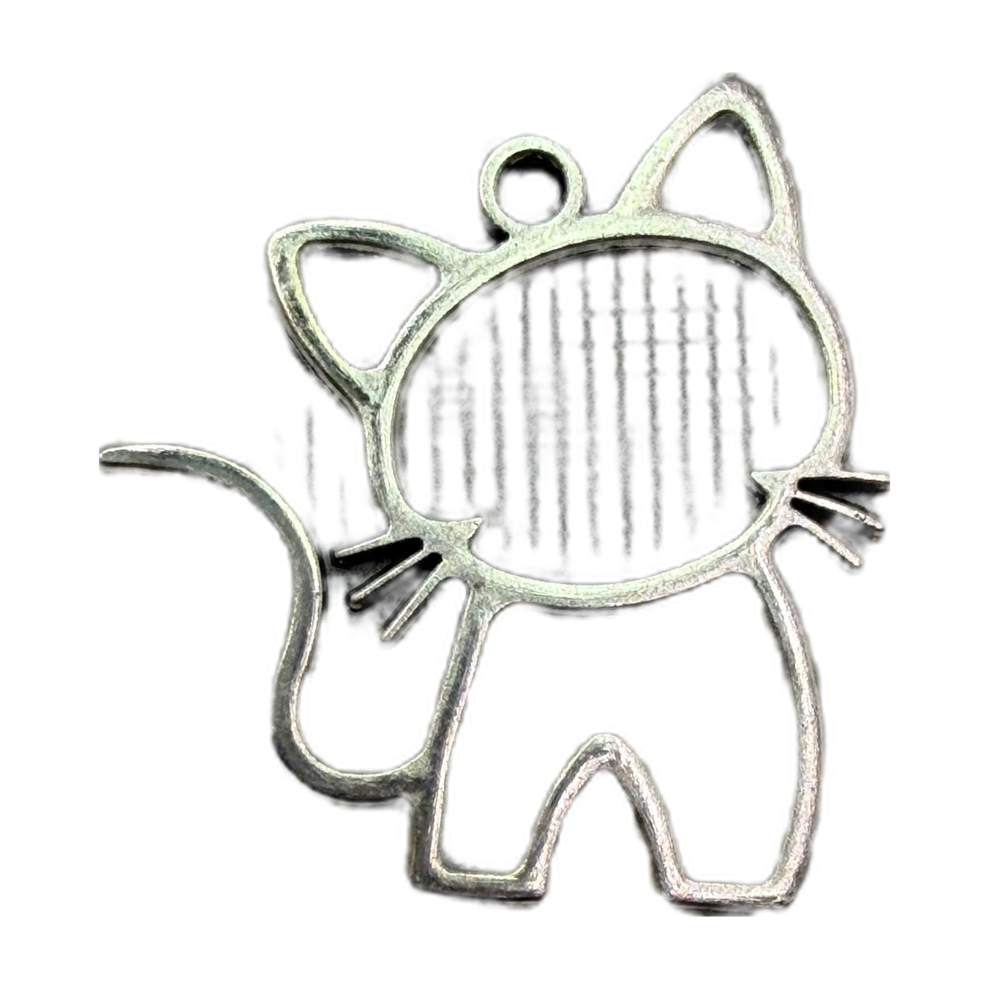 Antiqued silver cat outline silhouette with tail and whisker details