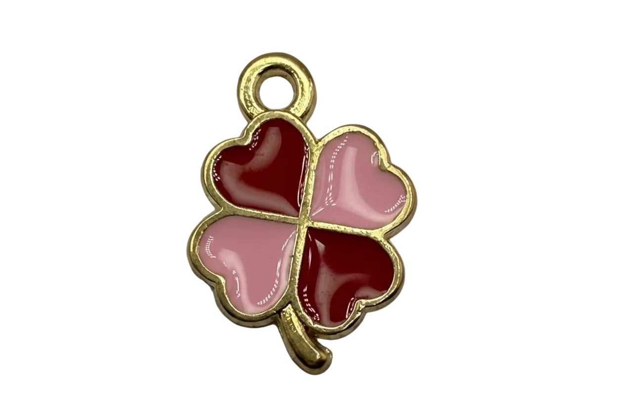 Gold four-leaf clover charm with heart-shaped petals in red and pink glossy enamel