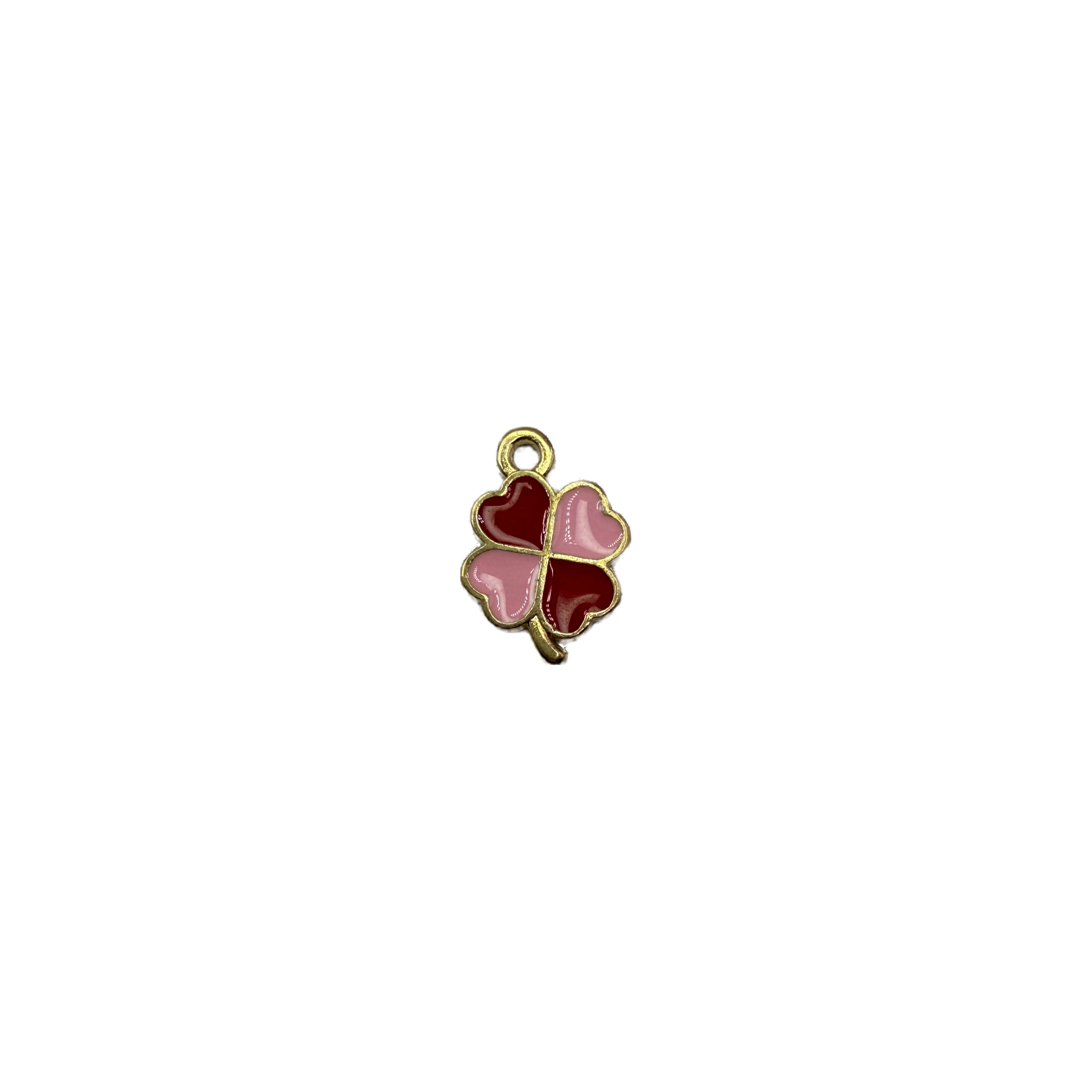 Gold heart clover in red and pink glossy enamel