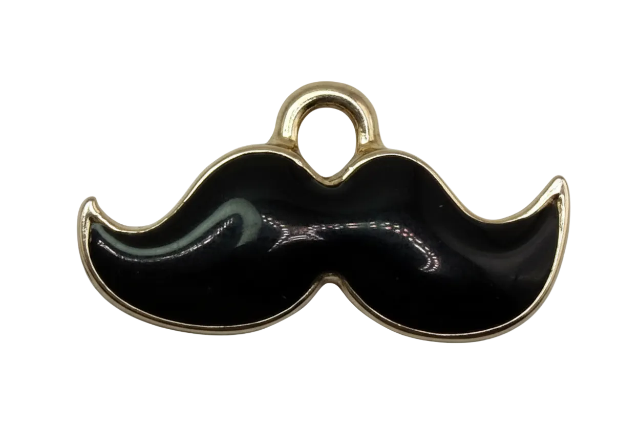 Glossy black mustache charm with gold outline on black background