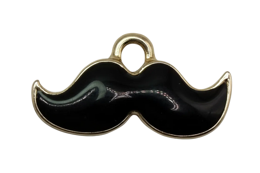 Glossy black mustache charm with gold outline on black background