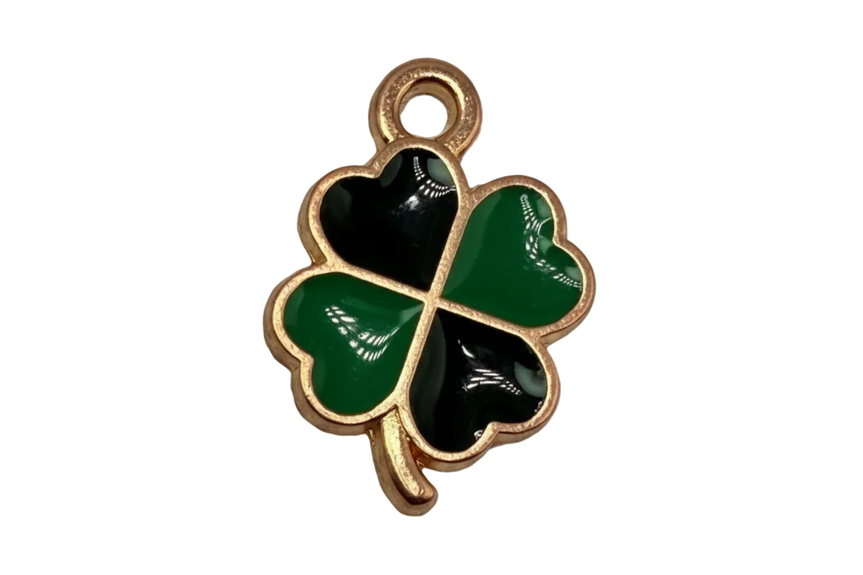 Gold four-leaf clover charm with glossy green and black enamel
