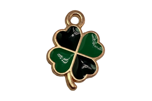 Gold four-leaf clover charm with glossy green and black enamel