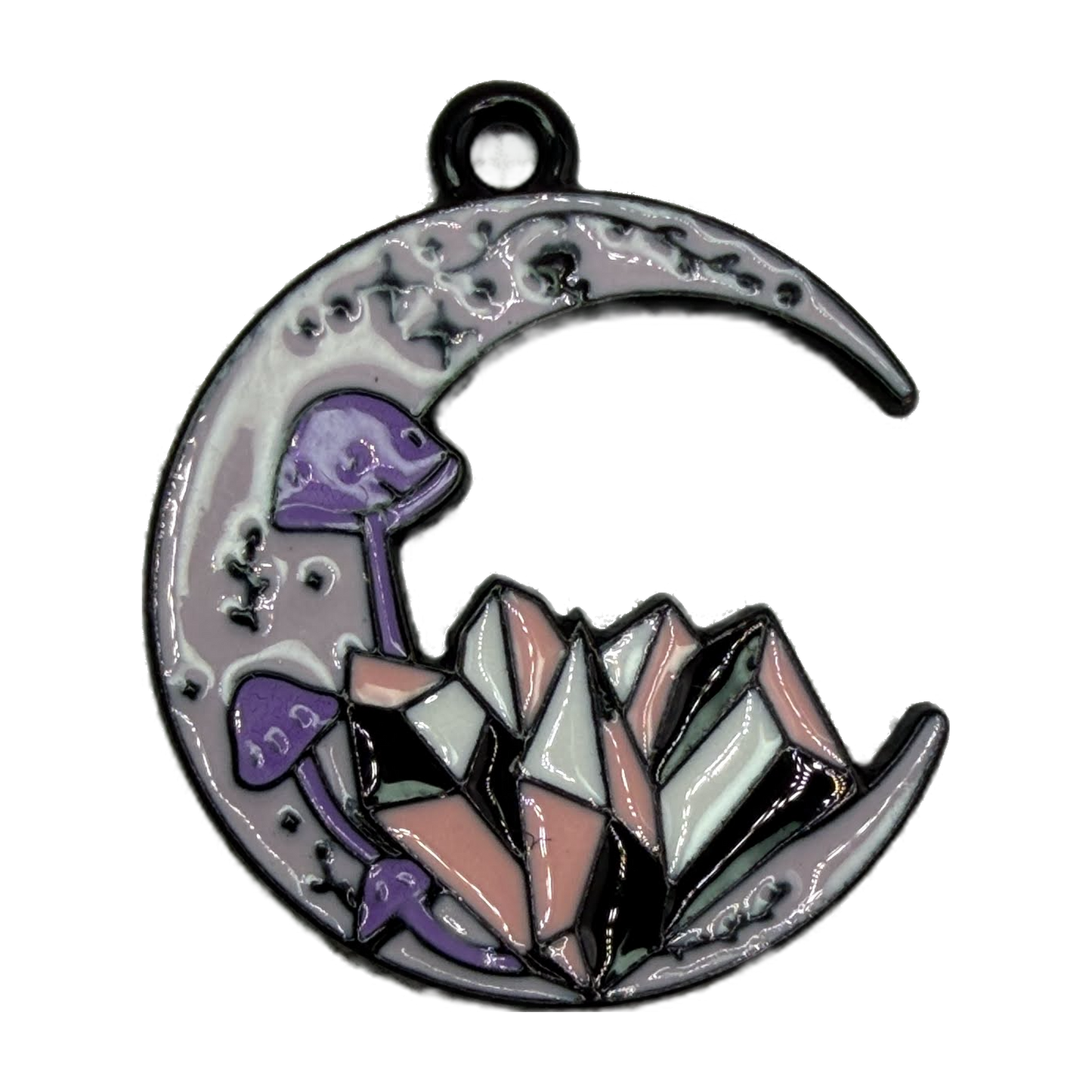 Glossy lilac crescent moon charm with purple mushrooms and pastel geometric crystal cluster on silver-tone metal