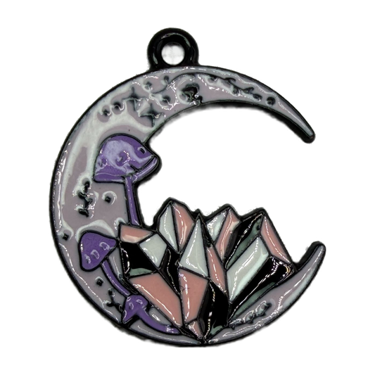 Glossy lilac crescent moon charm with purple mushrooms and pastel geometric crystal cluster on silver-tone metal