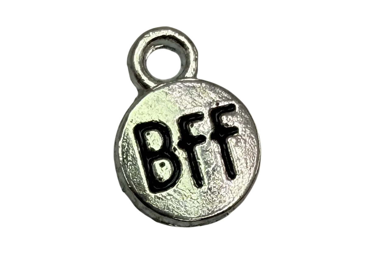 Round silver-toned coin with black BFF lettering and textured finish