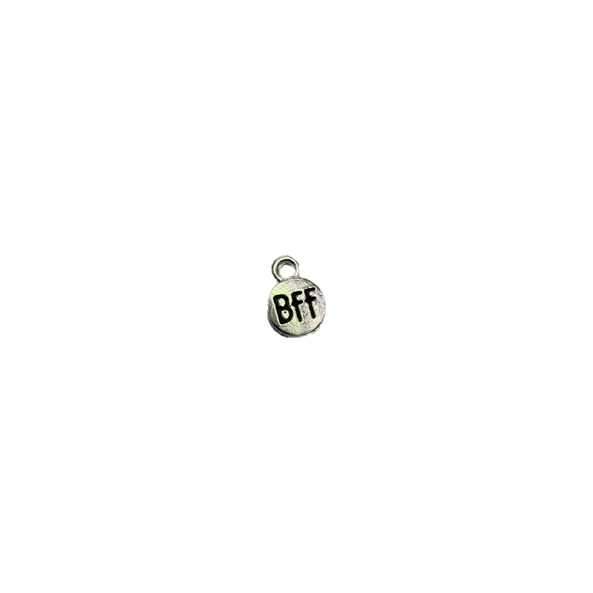 Silver-toned BFF coin with black lettering