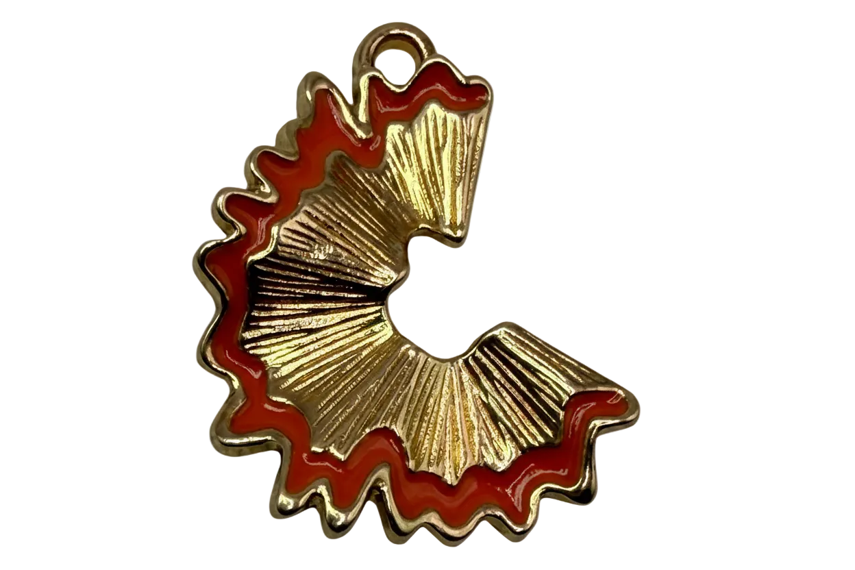 Gold ruffled skirt silhouette with glossy red enamel trim