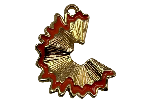 Gold ruffled skirt silhouette with glossy red enamel trim