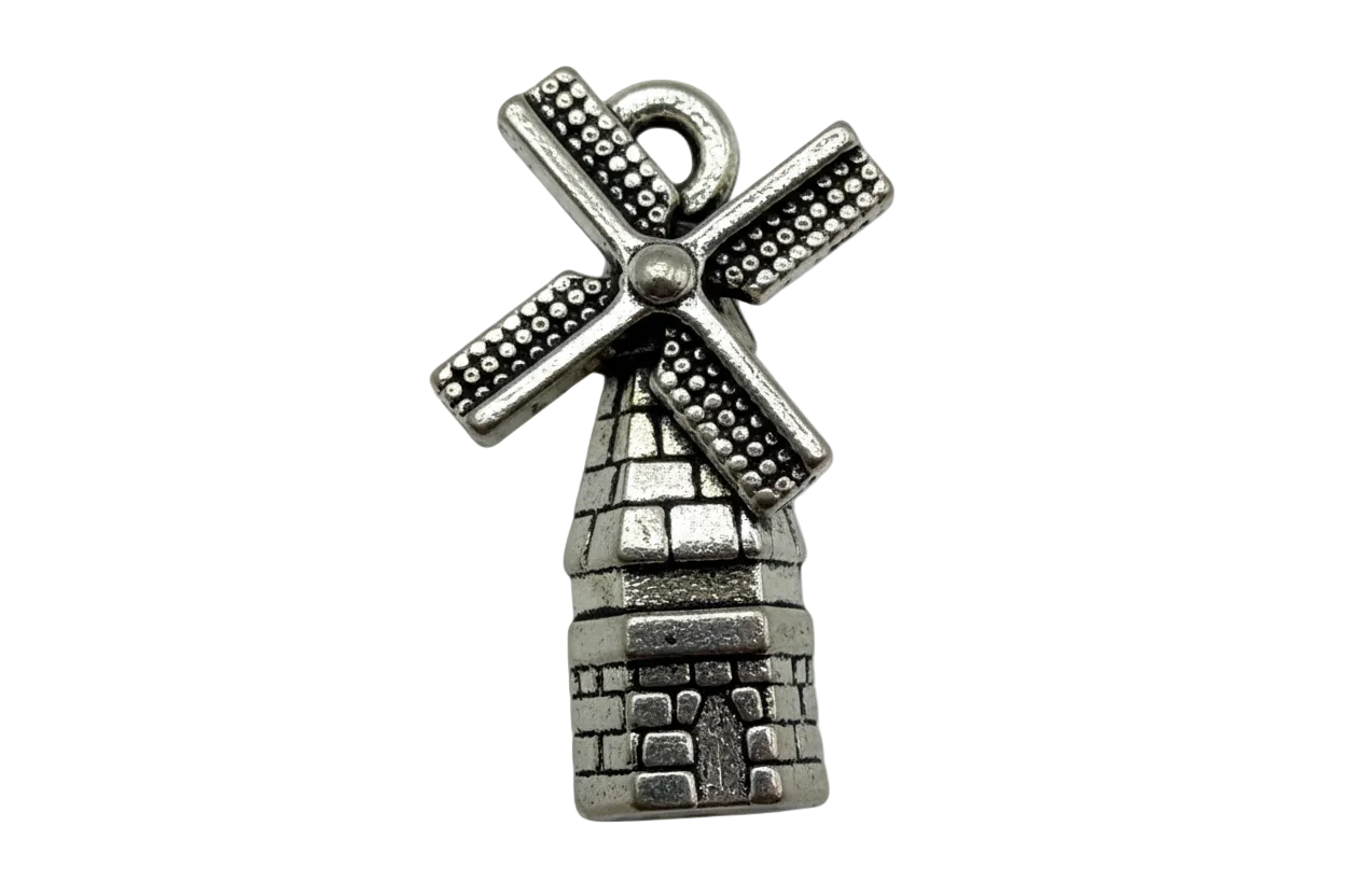 Antique silver windmill tower charm with textured brick base and dotted blades