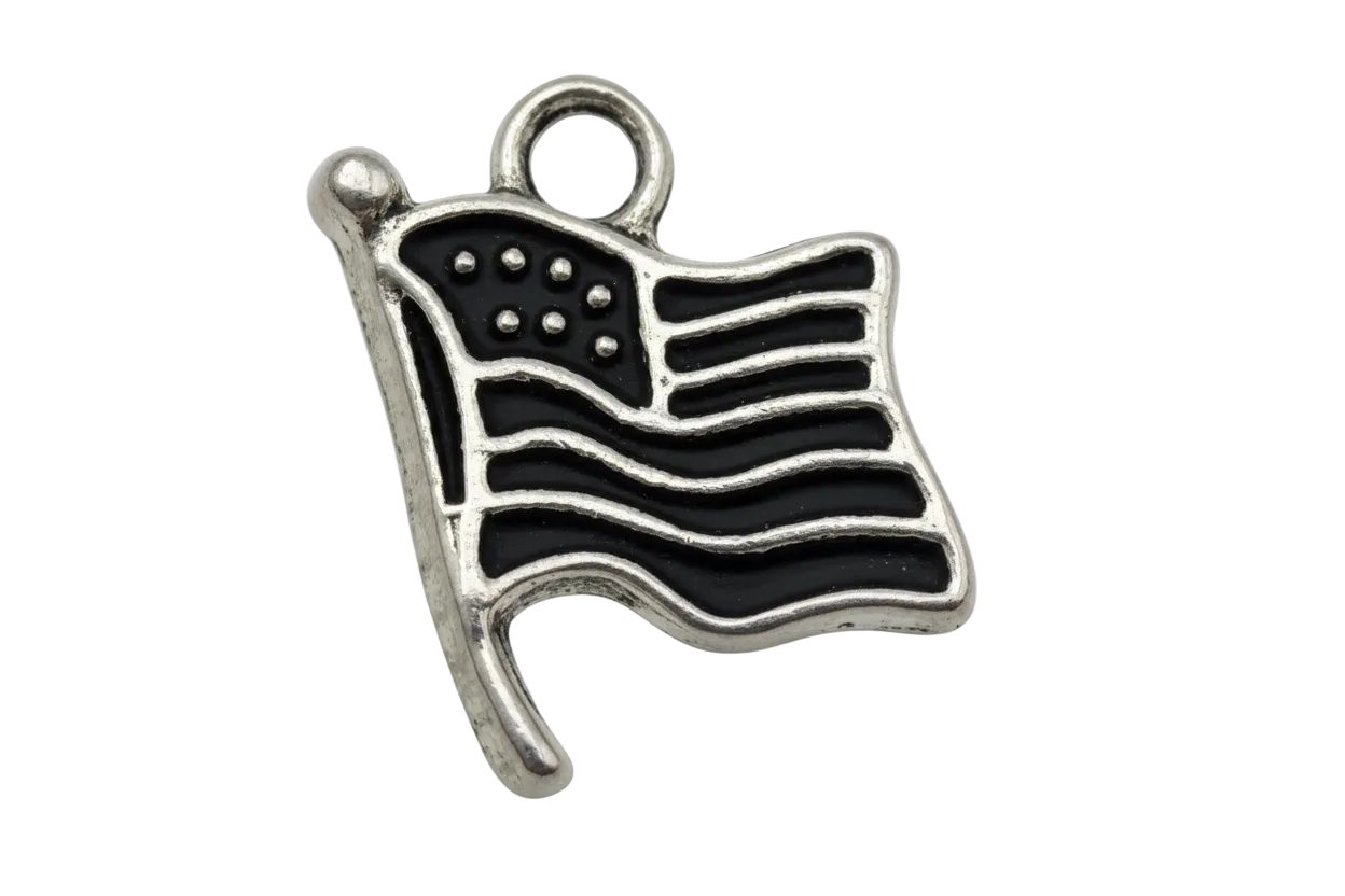 Black enamel waving flag with silver outline and star details