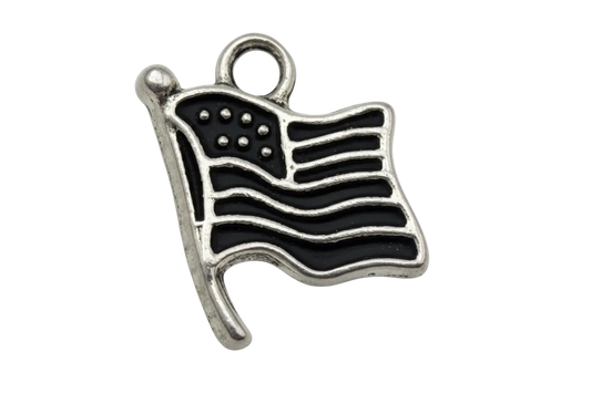 Black enamel waving flag with silver outline and star details