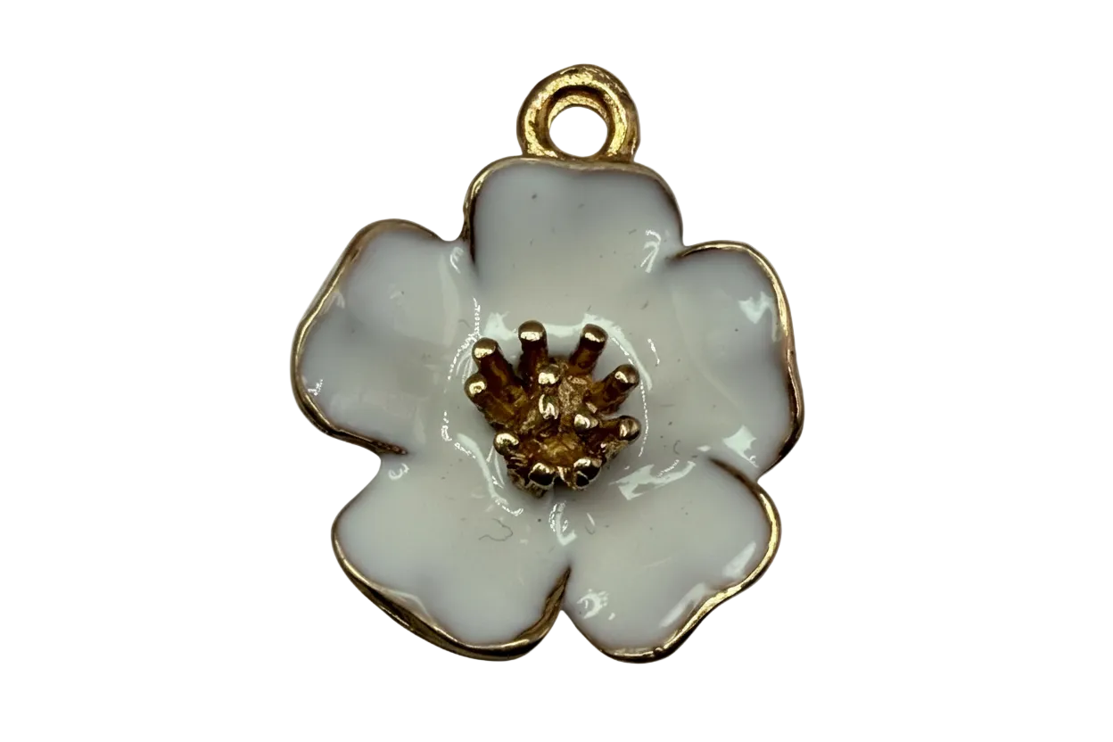 Glossy white enamel flower blossom with gold outline and sculptural gold center