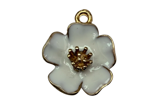 Glossy white enamel flower blossom with gold outline and sculptural gold center