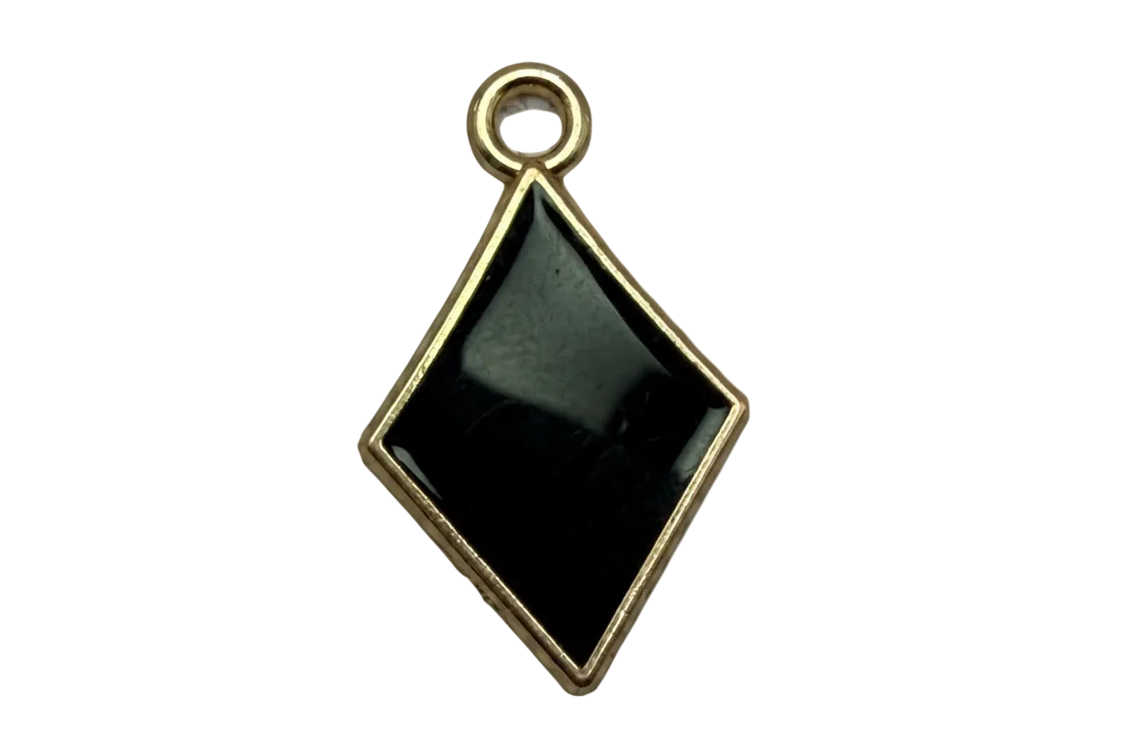 Glossy black diamond-shaped tile charm with gold frame