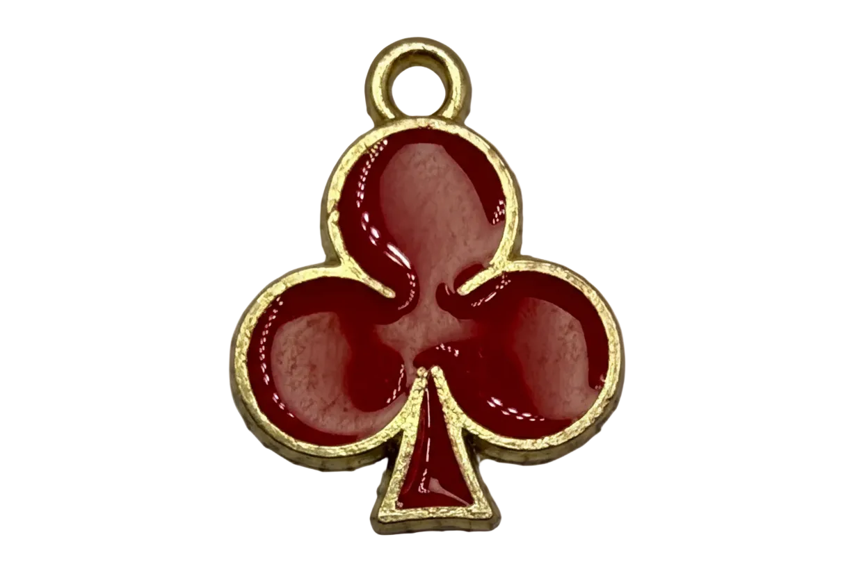 Glossy red club suit symbol with textured gold outline and small white gem accent