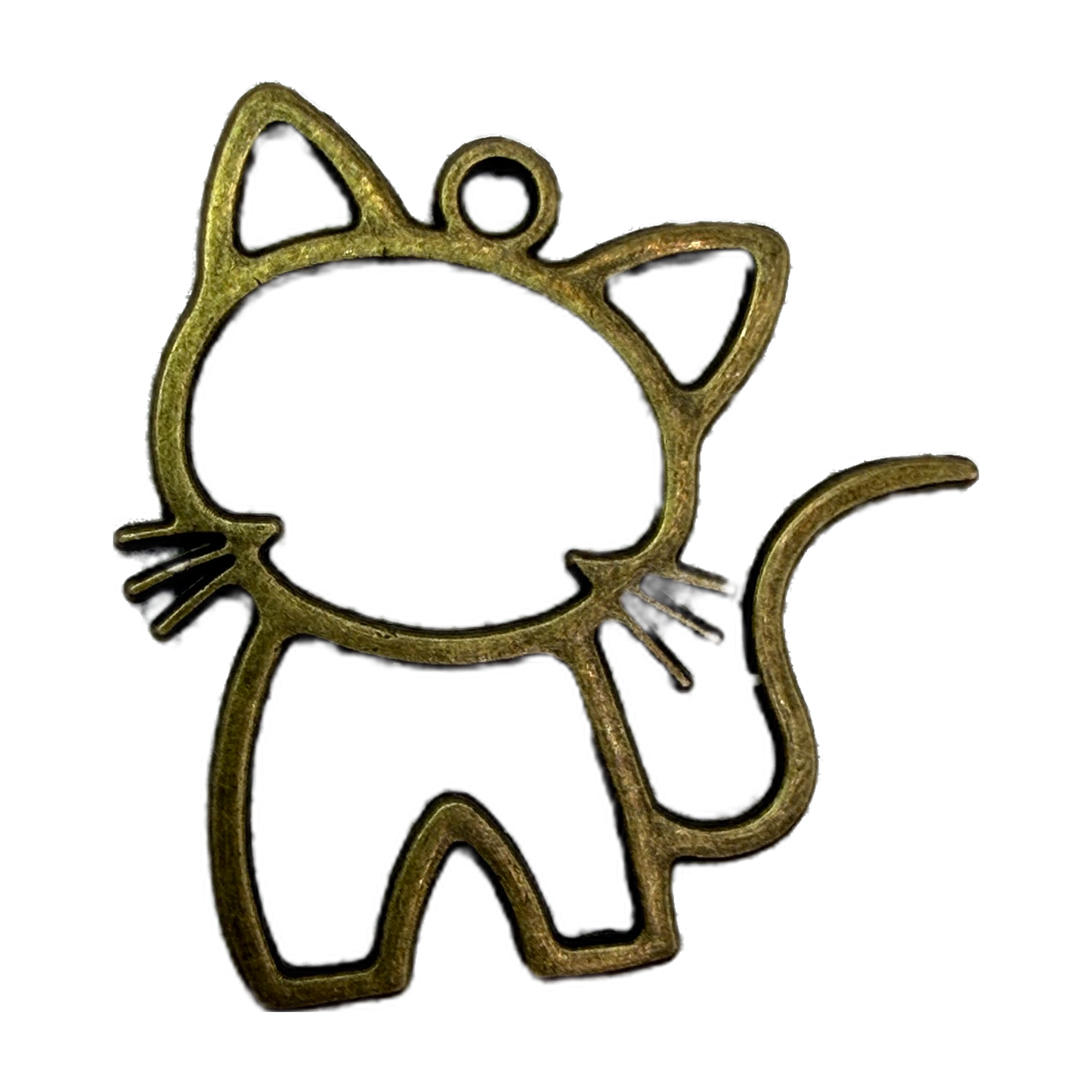 Antique gold cat outline silhouette with pointed ears, whiskers, and curved tail