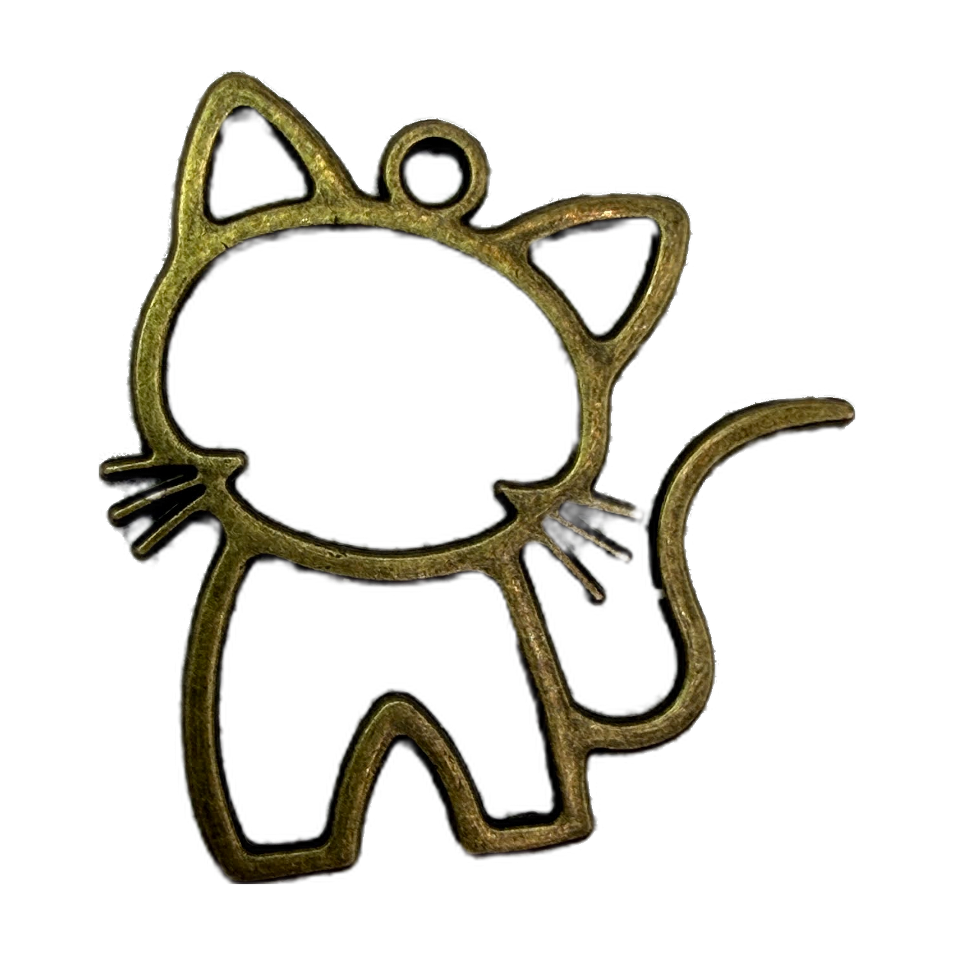 Antique gold cat outline silhouette with pointed ears, whiskers, and curved tail