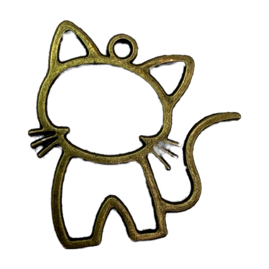Antique gold cat outline silhouette with pointed ears, whiskers, and curved tail