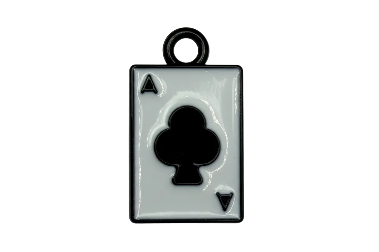 Glossy white ace of clubs playing card pendant with black outline and club symbol