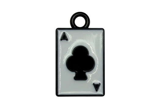 Glossy white ace of clubs playing card pendant with black outline and club symbol