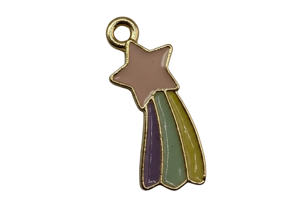 Pastel enamel shooting star with blush pink star and lavender, sage, and mustard trails in gold color