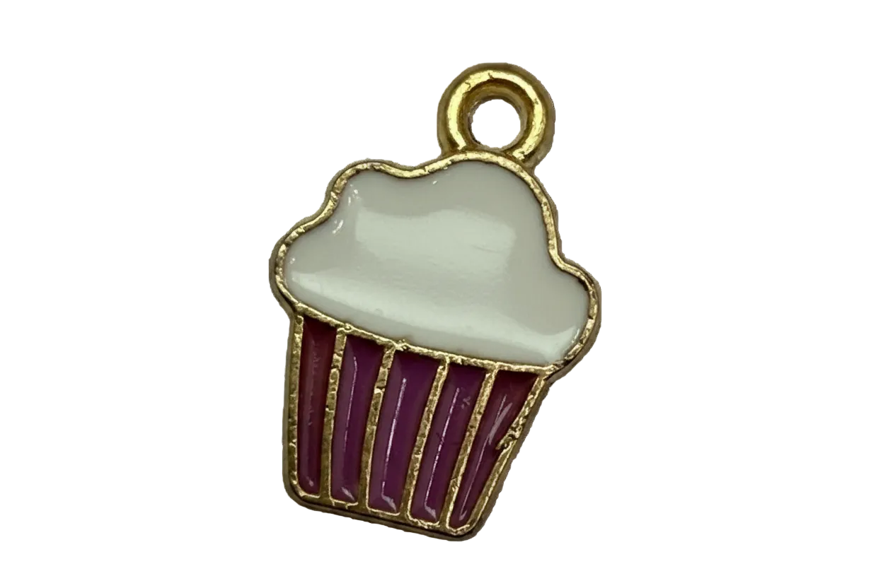 Gold-framed purple cupcake charm with white frosting enamel