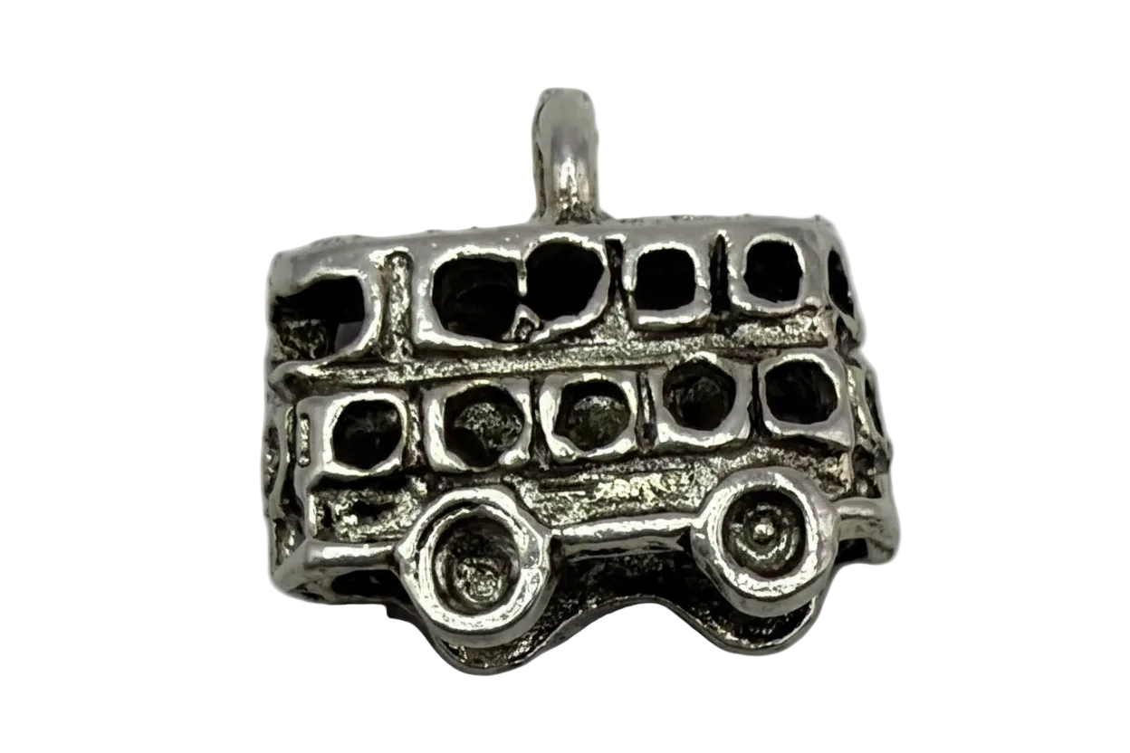 Silver-tone retro bus charm with oxidized window and wheel detailing