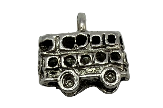 Silver-tone retro bus charm with oxidized window and wheel detailing