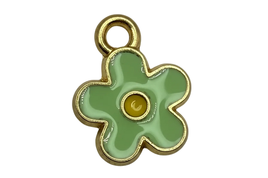 Mint green five-petal flower charm with gold outline and yellow center