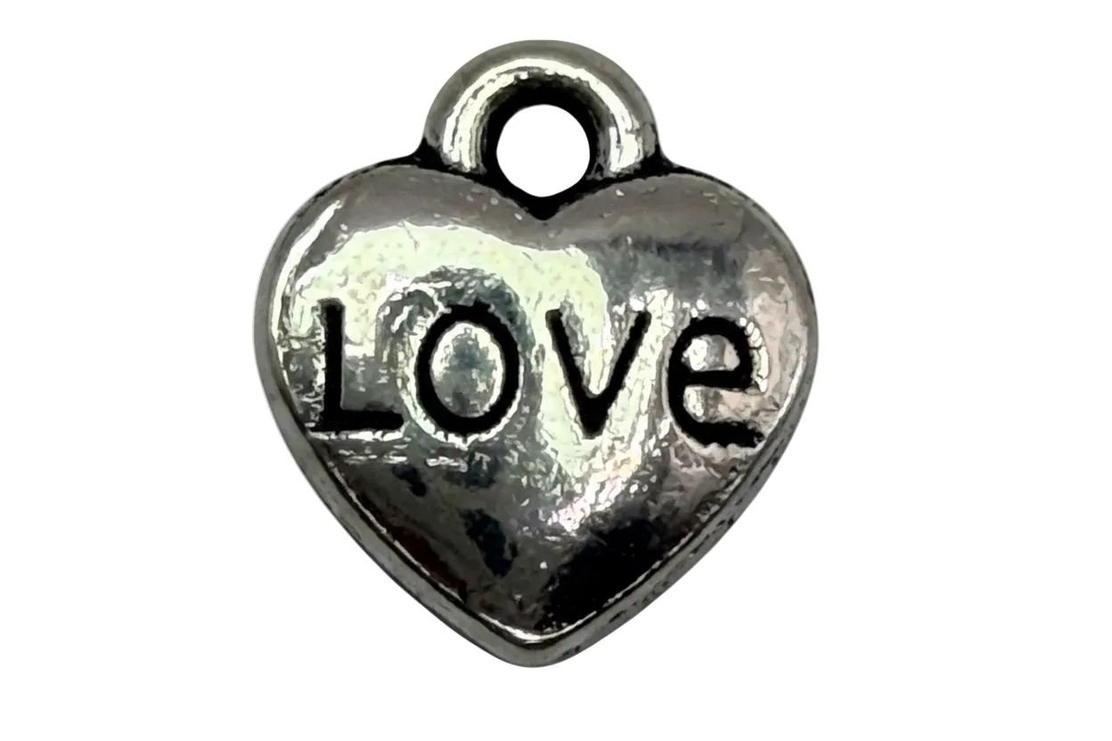 Polished silver heart with black “LOVE” lettering