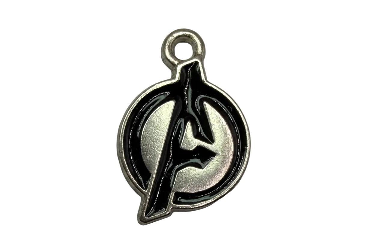 Silver round pendant with glossy black enamel letter A emblem