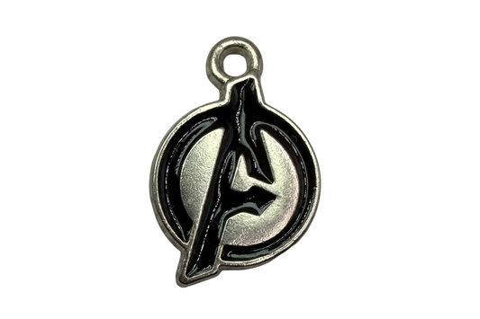 Silver round pendant with glossy black enamel letter A emblem
