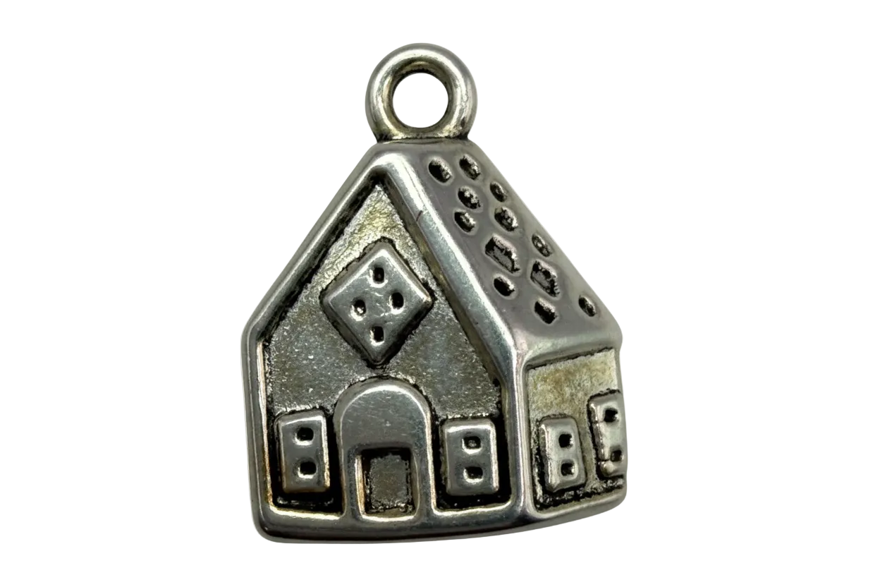 Antiqued silver-tone house charm with raised door and window details