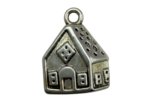 Antiqued silver-tone house charm with raised door and window details