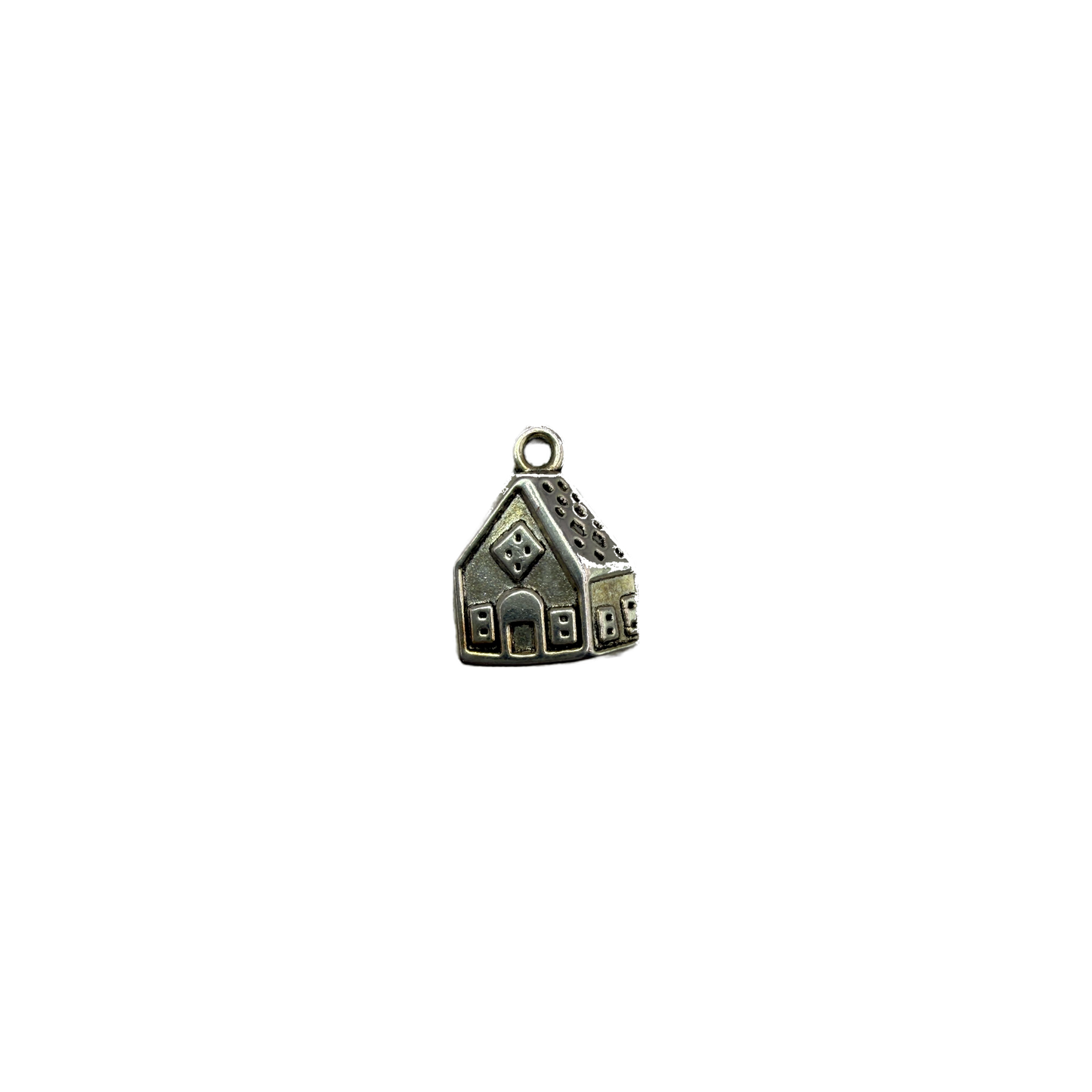 Antiqued silver-tone house charm with raised details