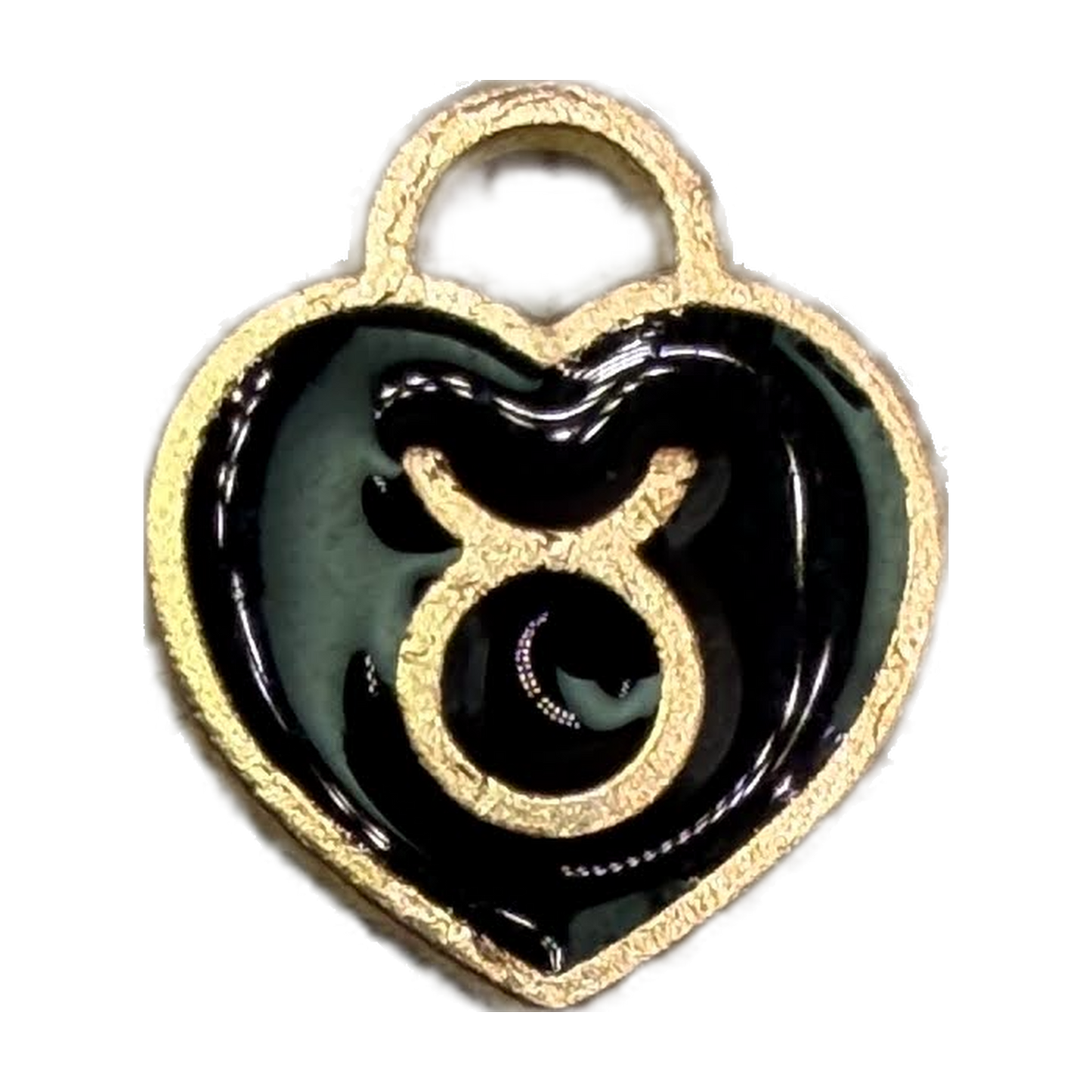 Gold heart pendant with glossy black enamel and Taurus zodiac symbol