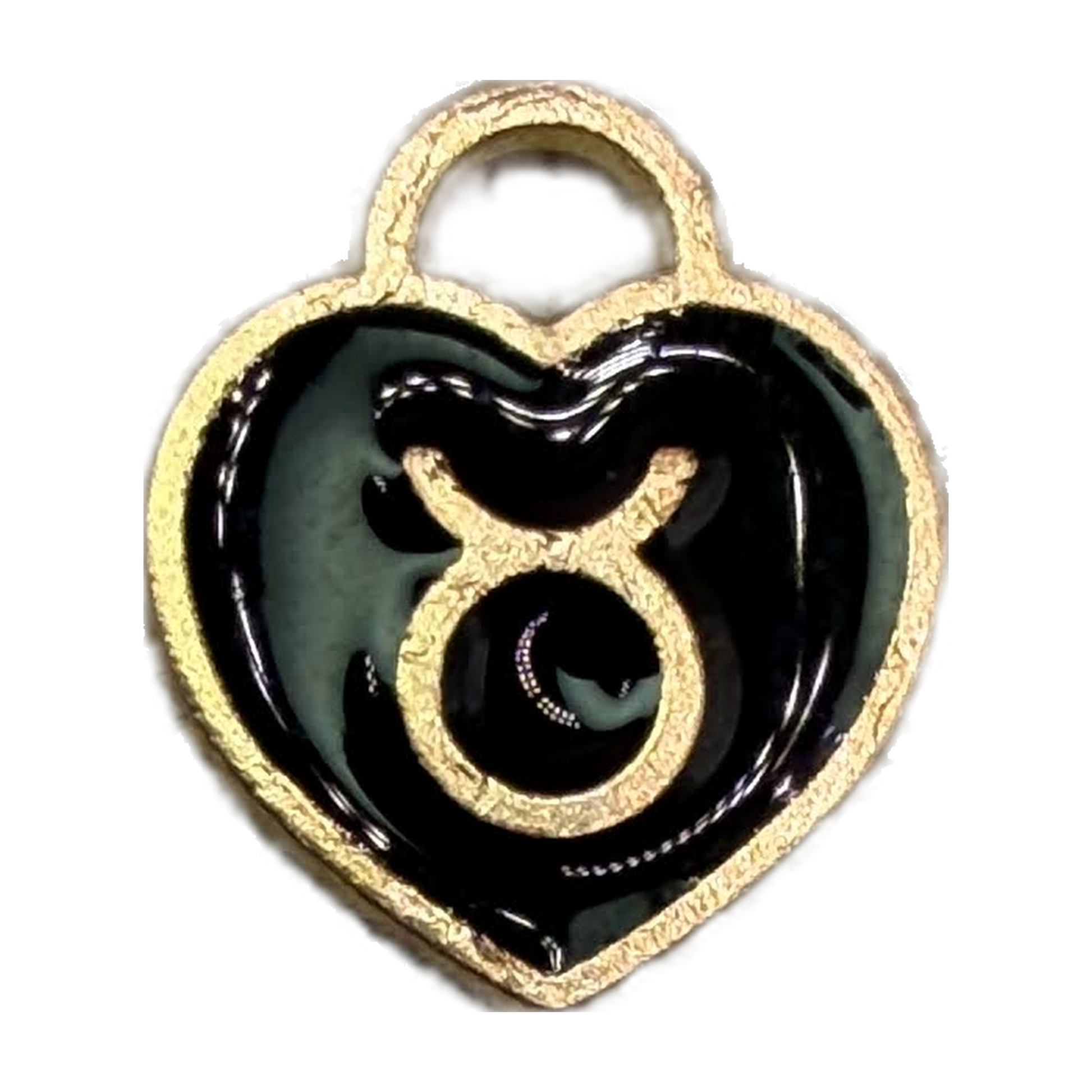 Gold heart pendant with glossy black enamel and Taurus zodiac symbol