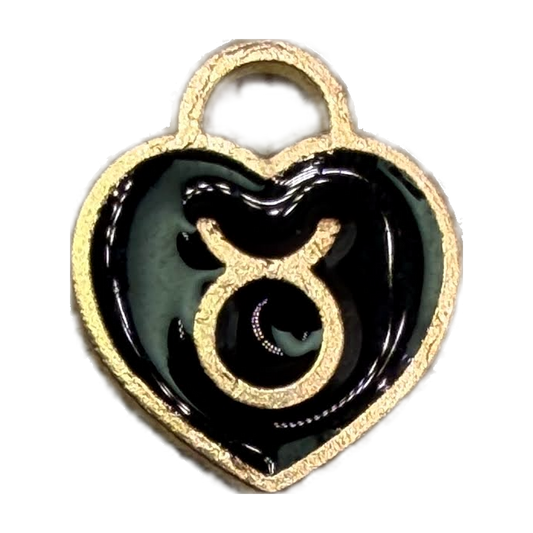 Gold heart pendant with glossy black enamel and Taurus zodiac symbol