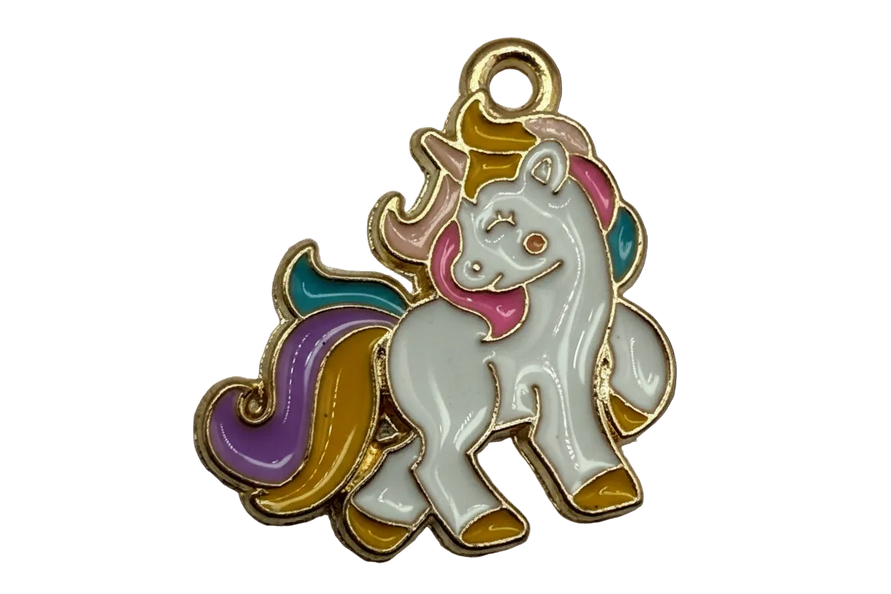 Glossy enamel pastel unicorn in gold-tone outline with white body, pink mane, and purple teal tail