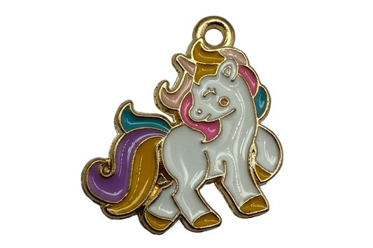 Glossy enamel pastel unicorn in gold-tone outline with white body, pink mane, and purple teal tail
