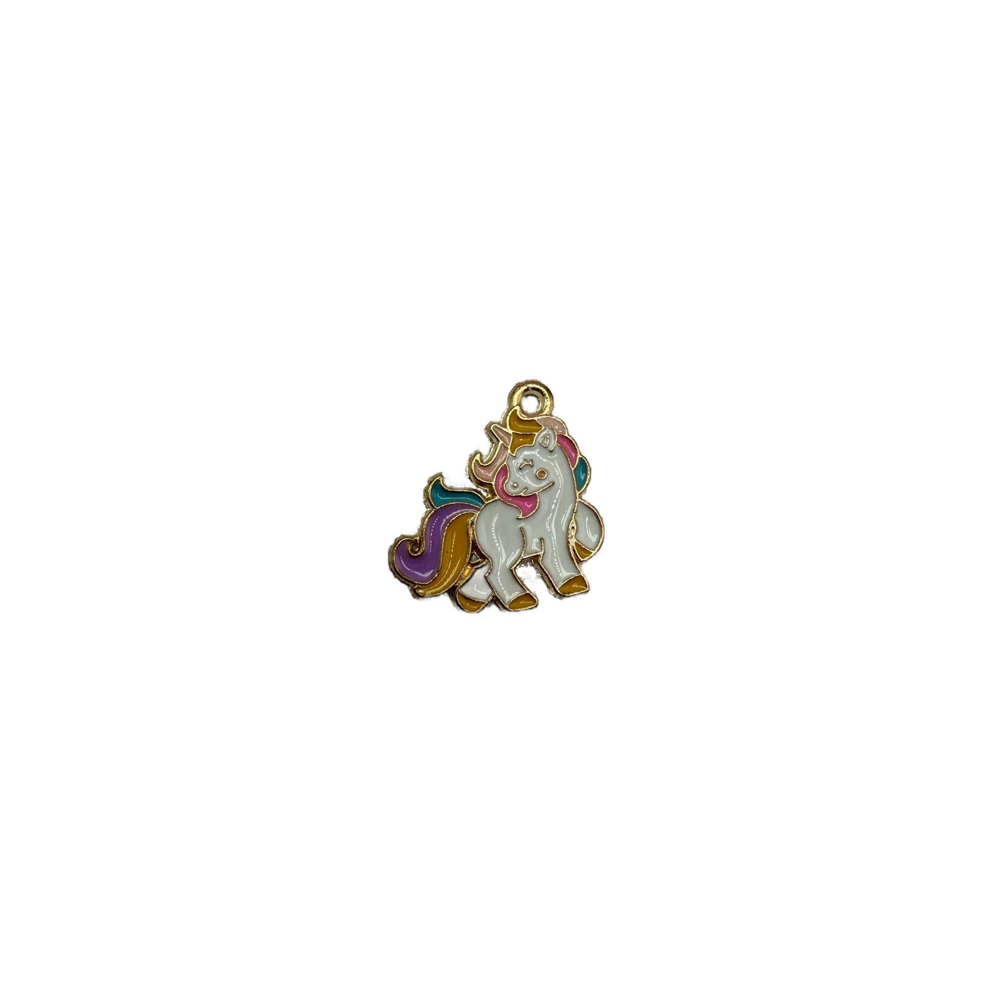 Enamel pastel unicorn with gold-tone outline and rainbow mane