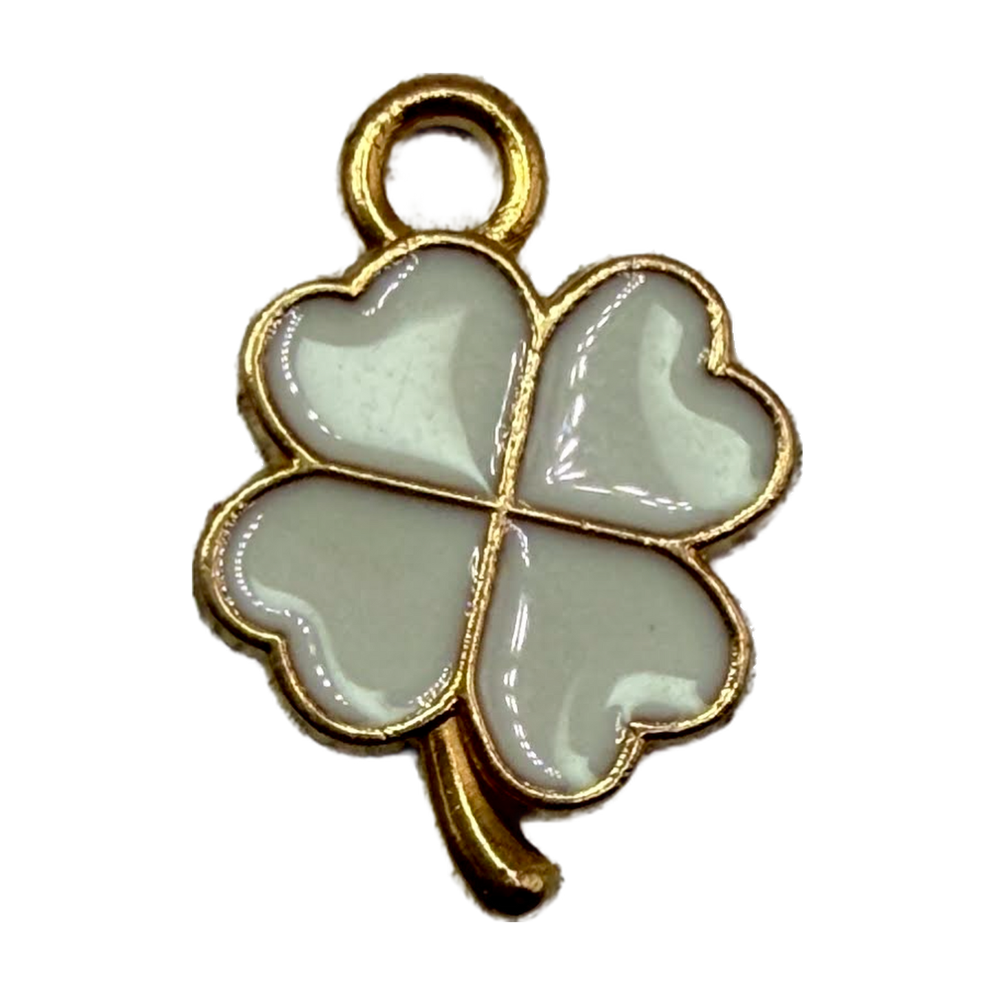 White enamel four-leaf clover charm with gold outline