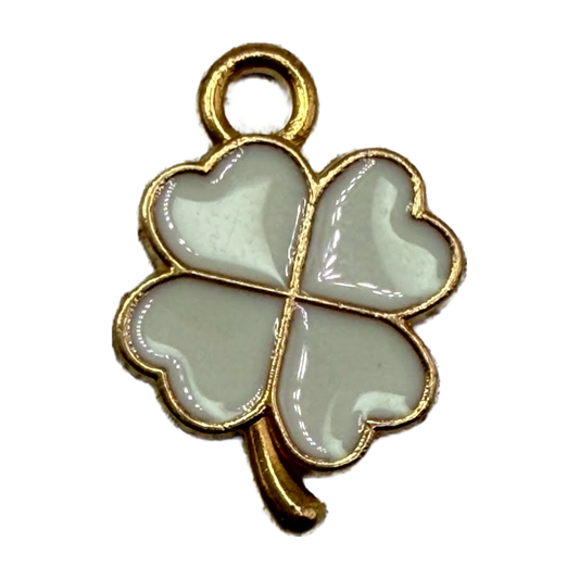 White enamel four-leaf clover charm with gold outline