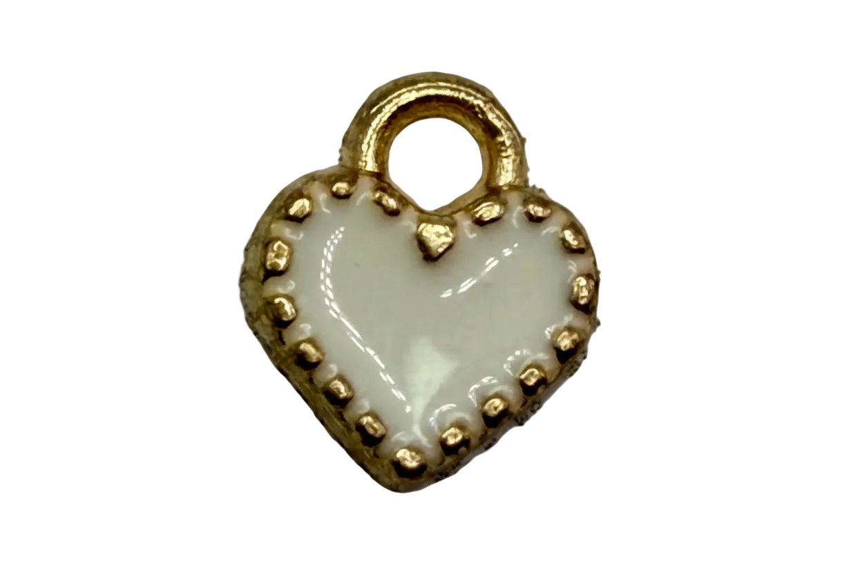 Glossy white enamel heart padlock with beaded gold border