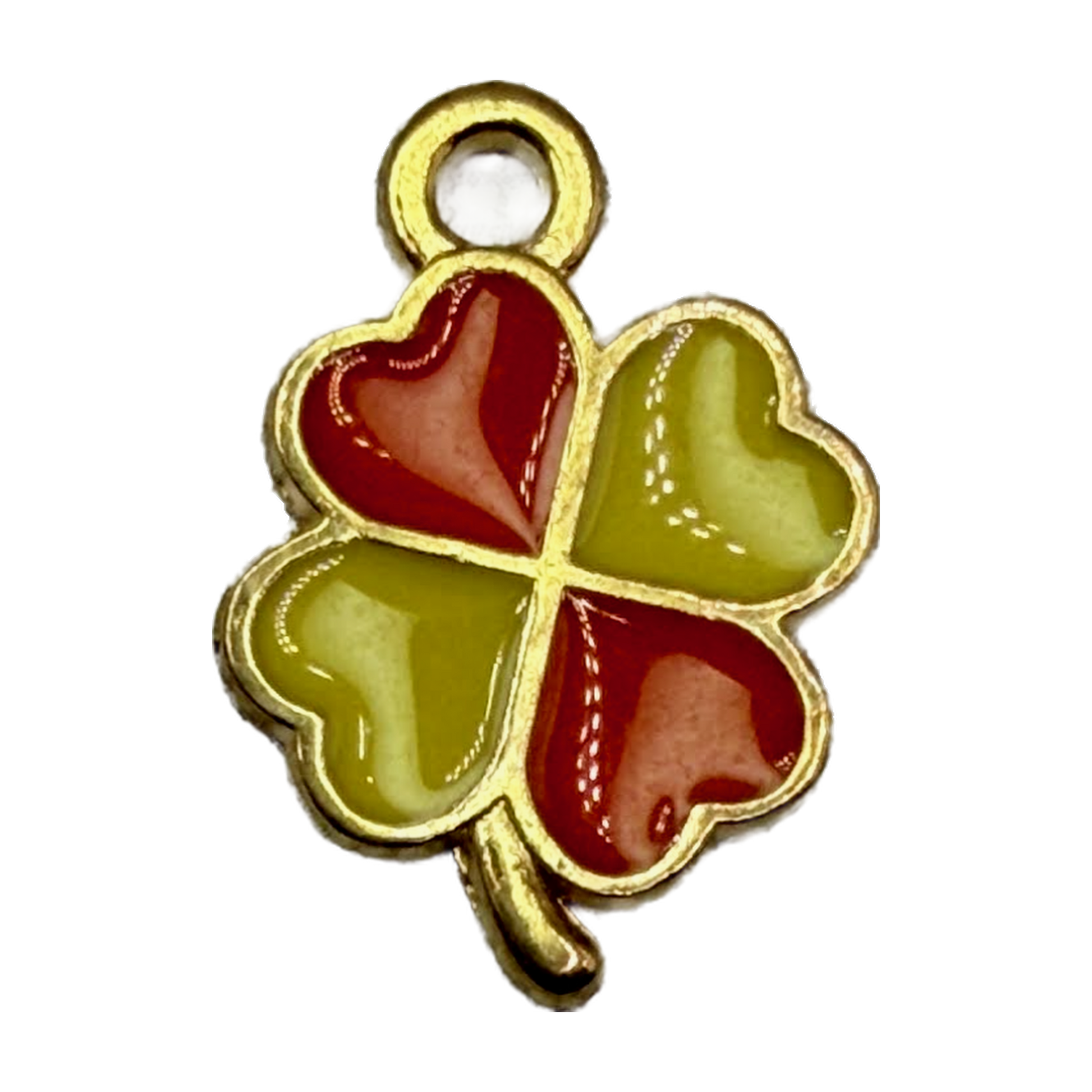 Gold four-leaf clover charm with red and green heart-shaped enamel leaves