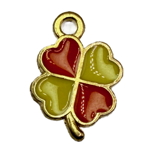 Gold four-leaf clover charm with red and green heart-shaped enamel leaves