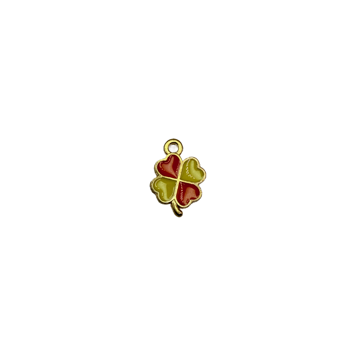 Gold four-leaf clover with red and green enamel heart leaves